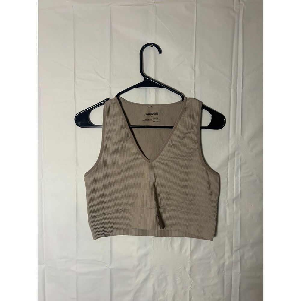 Garage Seamless Ribbed V-Neck Crop Tank Top Beige Taupe Size Large L